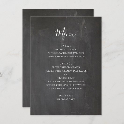 Graue Hochzeit im Chalkboard. Moderne, einfache Ta Menükarte (Vorne/Hinten)