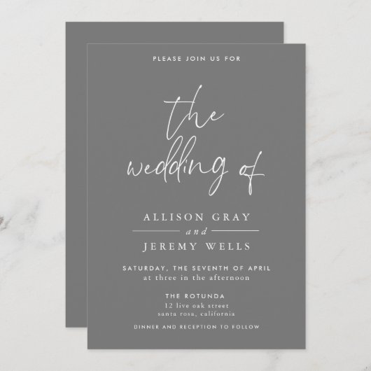 Graue Hochzeitseinladung Einladung (Vorne/Hinten)