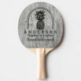 Graue Holz-Kiefern-Ananas-Hochzeitsbogen & Name Tischtennis Schläger
