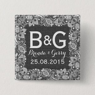 Graue Imitate Linen und weiße, florale Rahmen Button