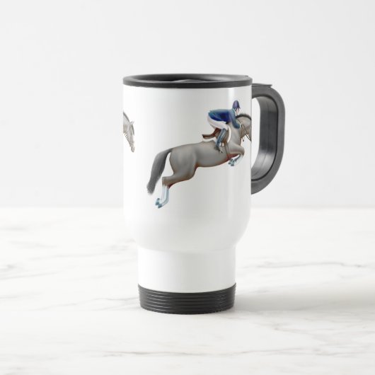 Graue Jäger-Pullover-Pferdereise-Tasse Reisebecher (VorderseiteRechts)