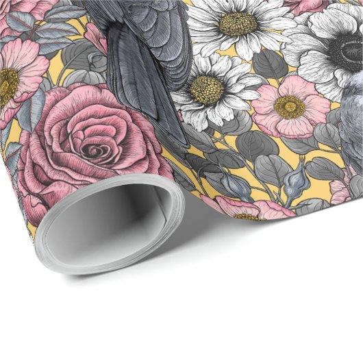 Graue Jay und Blume Geschenkpapier (Rolleneckpunkt)