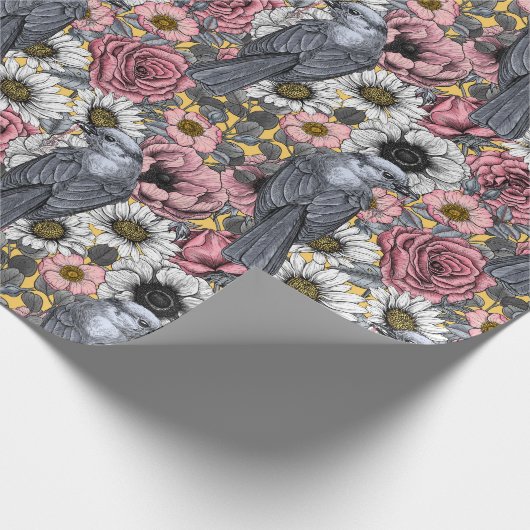 Graue Jay und Blume Geschenkpapier (Ecke)