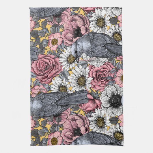 Graue Jay und Blume Geschirrtuch (Vertikal)