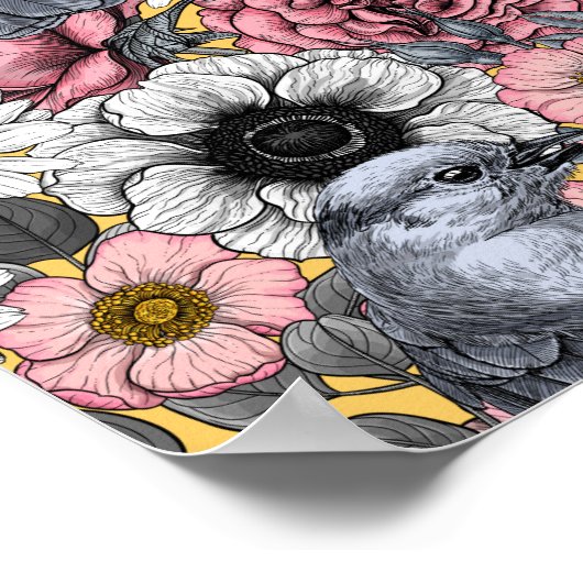 Graue Jay und Blume Poster (Ecke)