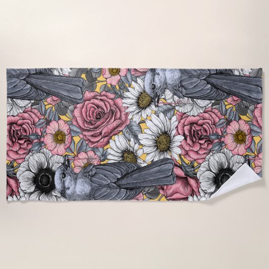 Graue Jay und Blume Strandtuch (Vorderseite)