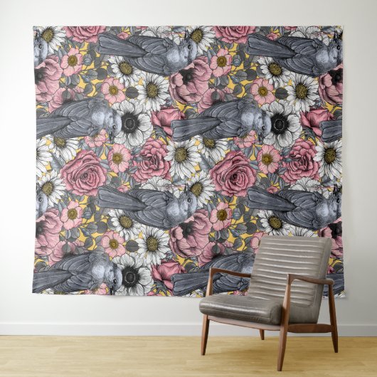 Graue Jay und Blume Wandteppich (Beispiel (Horizontal))