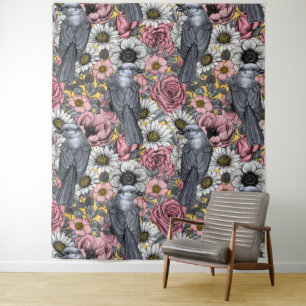 Graue Jay und Blume Wandteppich