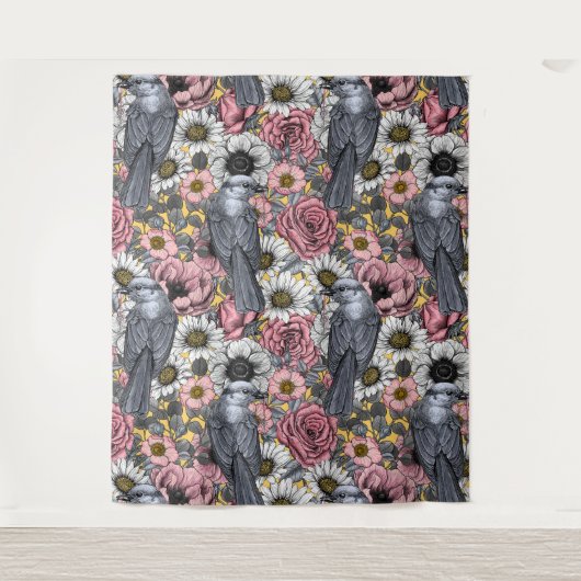 Graue Jay und Blume Wandteppich (Vorderseite)