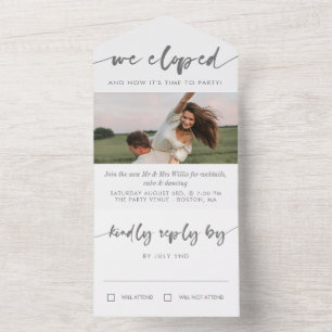 Graue Kalligrafie-Foto-Elopement-Party All In One Einladung