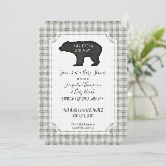 Graue Karierte Bärenwalddusche Einladung (Stehend Vorderseite)