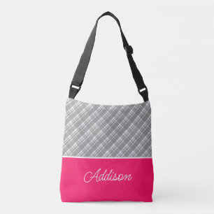 Graue Karierte und rosa Streifen Crossbody Bag Tragetaschen Mit Langen Trägern