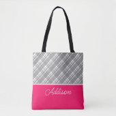 Graue, Karierte und rosa Stricktasche Tasche (Vorderseite)
