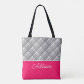Graue, Karierte und rosa Stricktasche Tasche (Rückseite)