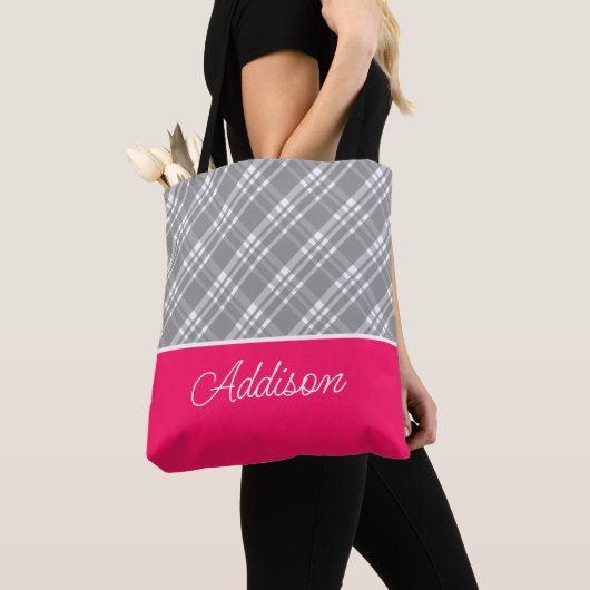 Graue, Karierte und rosa Stricktasche Tasche (Von Nahem)
