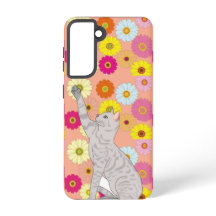 Graue Katze greift nach Blumen Samsung Galaxy Case