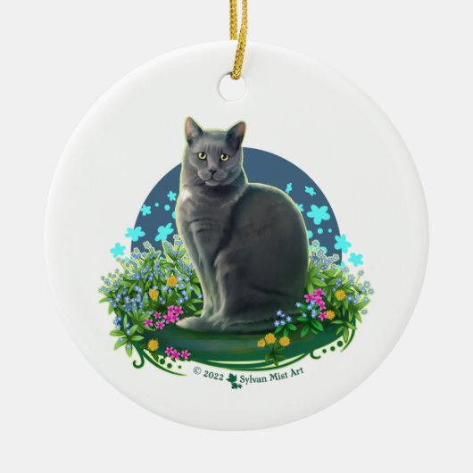 Graue Katze im Blumengarten Keramik Ornament (Vorne)