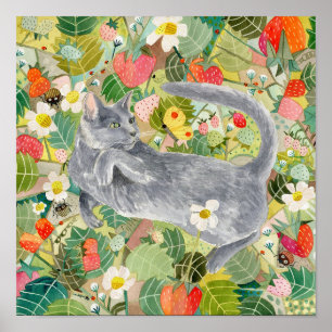 Graue Katze im Erdbeerpflaster Poster
