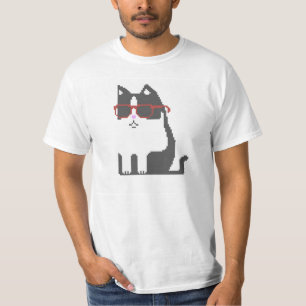 Graue Katze im roten Glas-Pixel-Kunst-T - Shirt