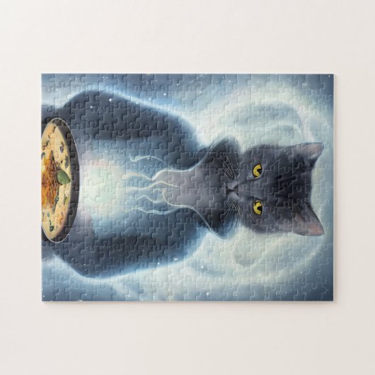 Graue Katze in blauer Esssuppe im Weltraum Puzzle (Horizontal)