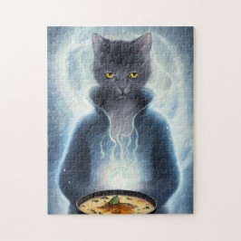Graue Katze in blauer Esssuppe im Weltraum Puzzle