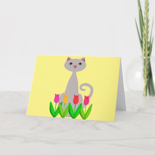 Graue Katze in den Frühlings-Blumen Karte (Vorderseite)