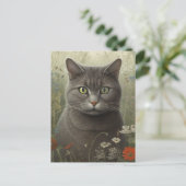 Graue Katze in einem Garten Postkarte (Stehend Vorderseite)