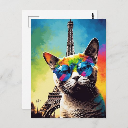 Graue Katze in einer Sonnenbrille in Paris Postkarte (Vorne/Hinten)