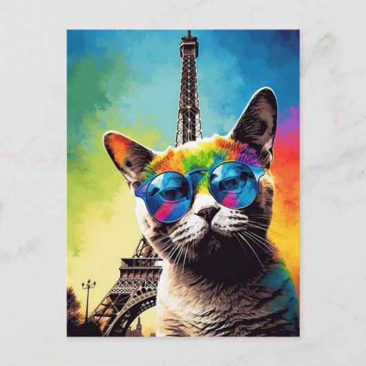 Graue Katze in einer Sonnenbrille in Paris Postkarte (Vorderseite)