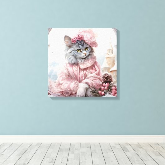 Graue Katze in rosa in einem Fenster gekleidet Leinwanddruck (Insitu (Holzboden))