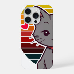 Graue Katze Kawaii Retro-Sonnenuntergang Anime-Kun iPhone 15 Pro Hülle