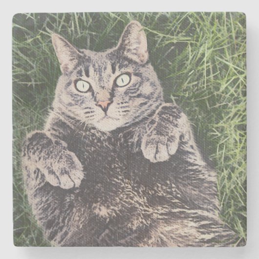graue Katze liegt im Gras digitale Kunst Steinuntersetzer (Vorderseite)
