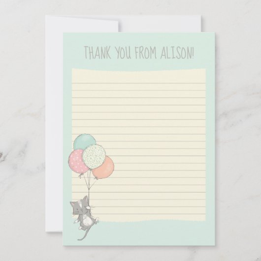Graue Katze mit Balloons Kleines Flachbildschirm Dankeskarte (Vorderseite)