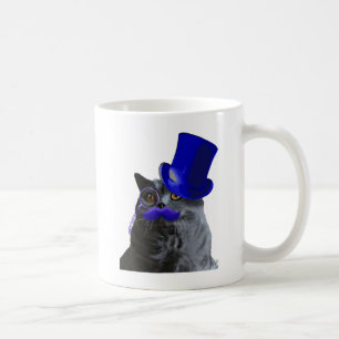Graue Katze mit blauem Zylinder und dem blauen Kaffeetasse