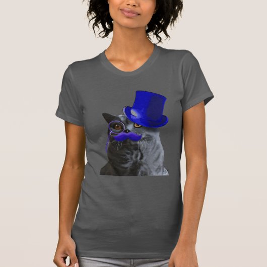 Graue Katze mit Blue Top Hat und Blue Mustache (Vorderseite)
