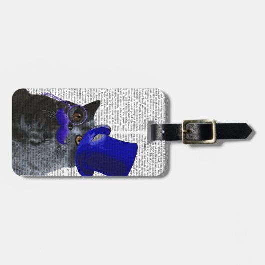 Graue Katze mit Blue Top Hat und Blue Mustache Gepäckanhänger (Vorderseite horizontal)