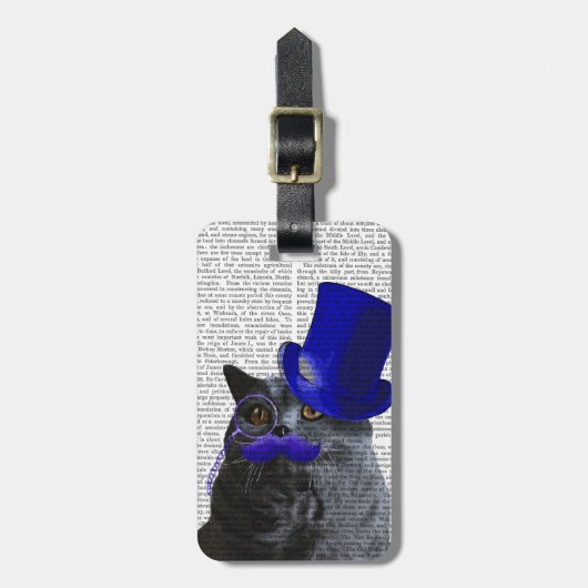 Graue Katze mit Blue Top Hat und Blue Mustache Gepäckanhänger (Vorderseite vertikal)