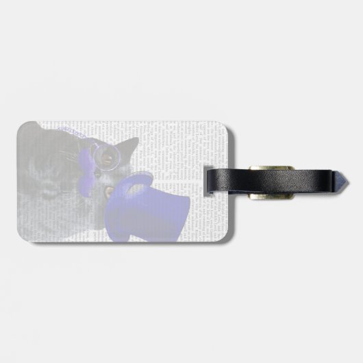 Graue Katze mit Blue Top Hat und Blue Mustache Gepäckanhänger (Rückseite horizontal)