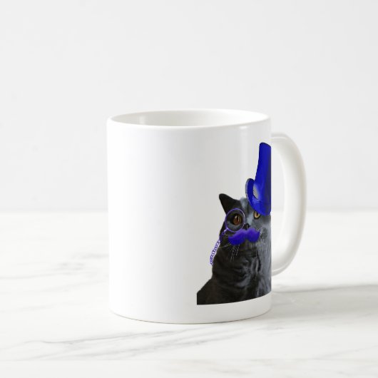 Graue Katze mit Blue Top Hat und Blue Mustache Kaffeetasse (VorderseiteRechts)