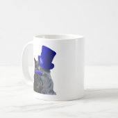 Graue Katze mit Blue Top Hat und Blue Mustache Kaffeetasse (Vorderseite Links)