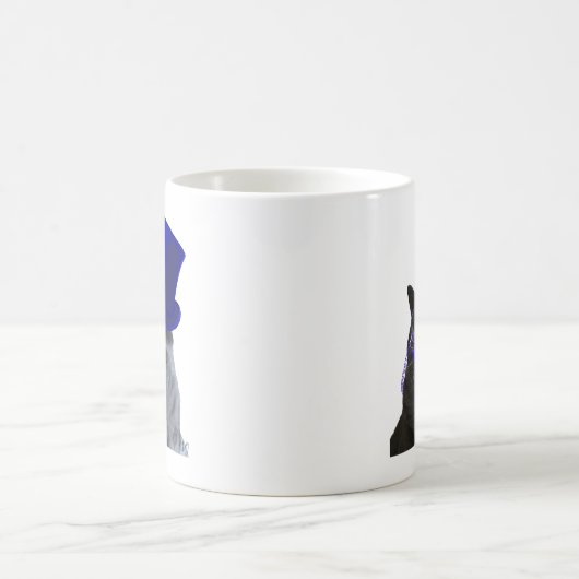 Graue Katze mit Blue Top Hat und Blue Mustache Kaffeetasse (Mittel)