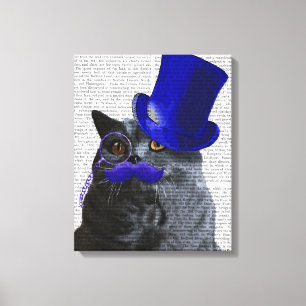 Graue Katze mit Blue Top Hat und Blue Mustache Leinwanddruck