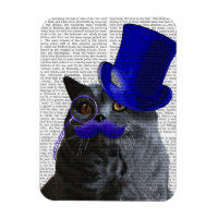 Graue Katze mit Blue Top Hat und Blue Mustache