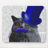 Graue Katze mit Blue Top Hat und Blue Mustache Mousepad (Vorne)