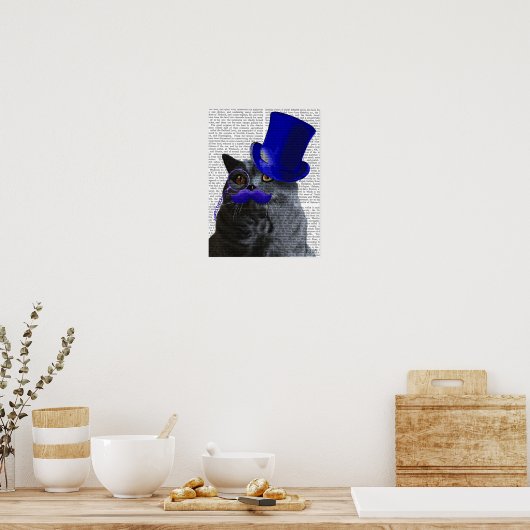 Graue Katze mit Blue Top Hat und Blue Mustache Poster (Küche)