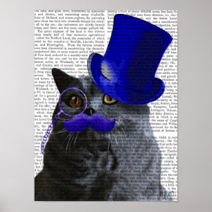 Graue Katze mit Blue Top Hat und Blue Mustache Poster