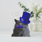 Graue Katze mit Blue Top Hat und Blue Mustache Postkarte (Stehend Vorderseite)