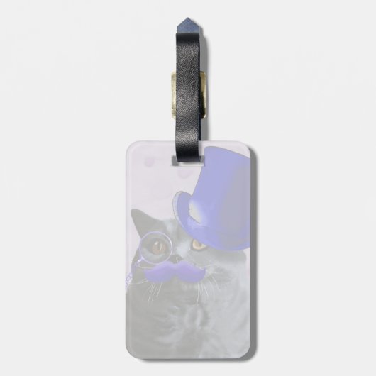 Graue Katze mit Blue Top Hat und Mustache Gepäckanhänger (Rückseite vertikal)