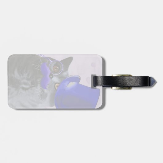 Graue Katze mit Blue Top Hat und Mustache Gepäckanhänger (Rückseite horizontal)