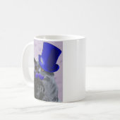 Graue Katze mit Blue Top Hat und Mustache Kaffeetasse (Vorderseite Links)